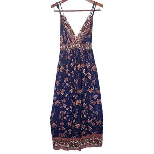 Haute Fox Maxi Dress Womens 2X Blue Floral Boho Prairie Smocked VNeck RUNS SMALL